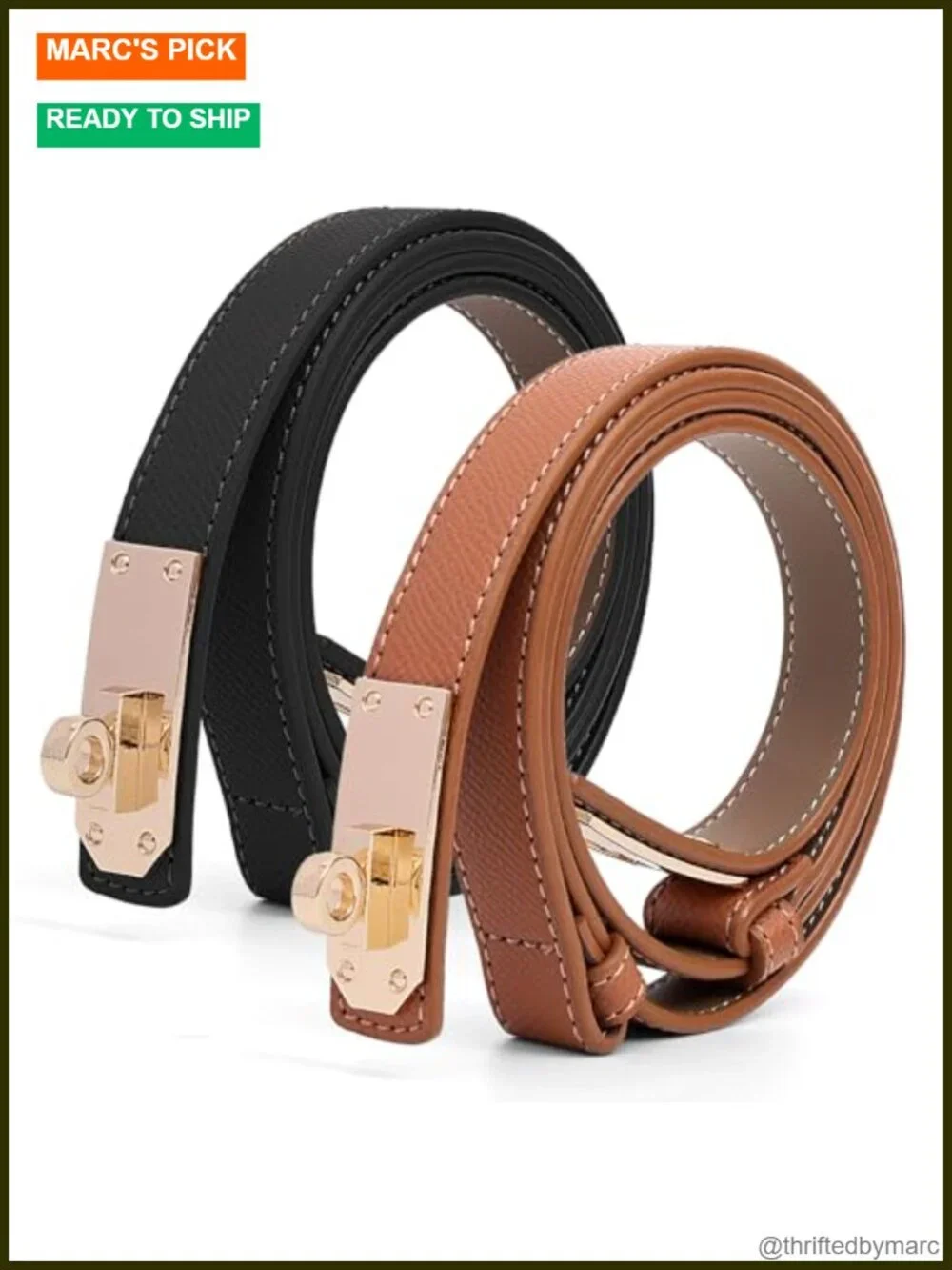 Genuine Leather Thin Belt with Turn Lock Buckle for Dresses & Pants